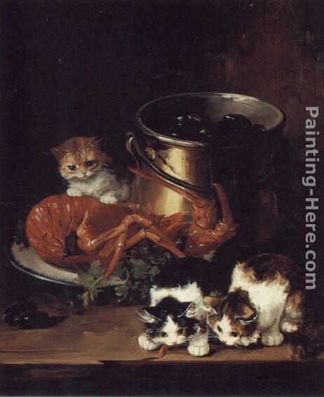 Kittens with Mussels and a Lobster painting - Alfred Brunel de Neuville Kittens with Mussels and a Lobster art painting